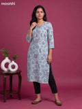 Light Blue Cotton Printed & Embroidery Work Straight Cut Kurti