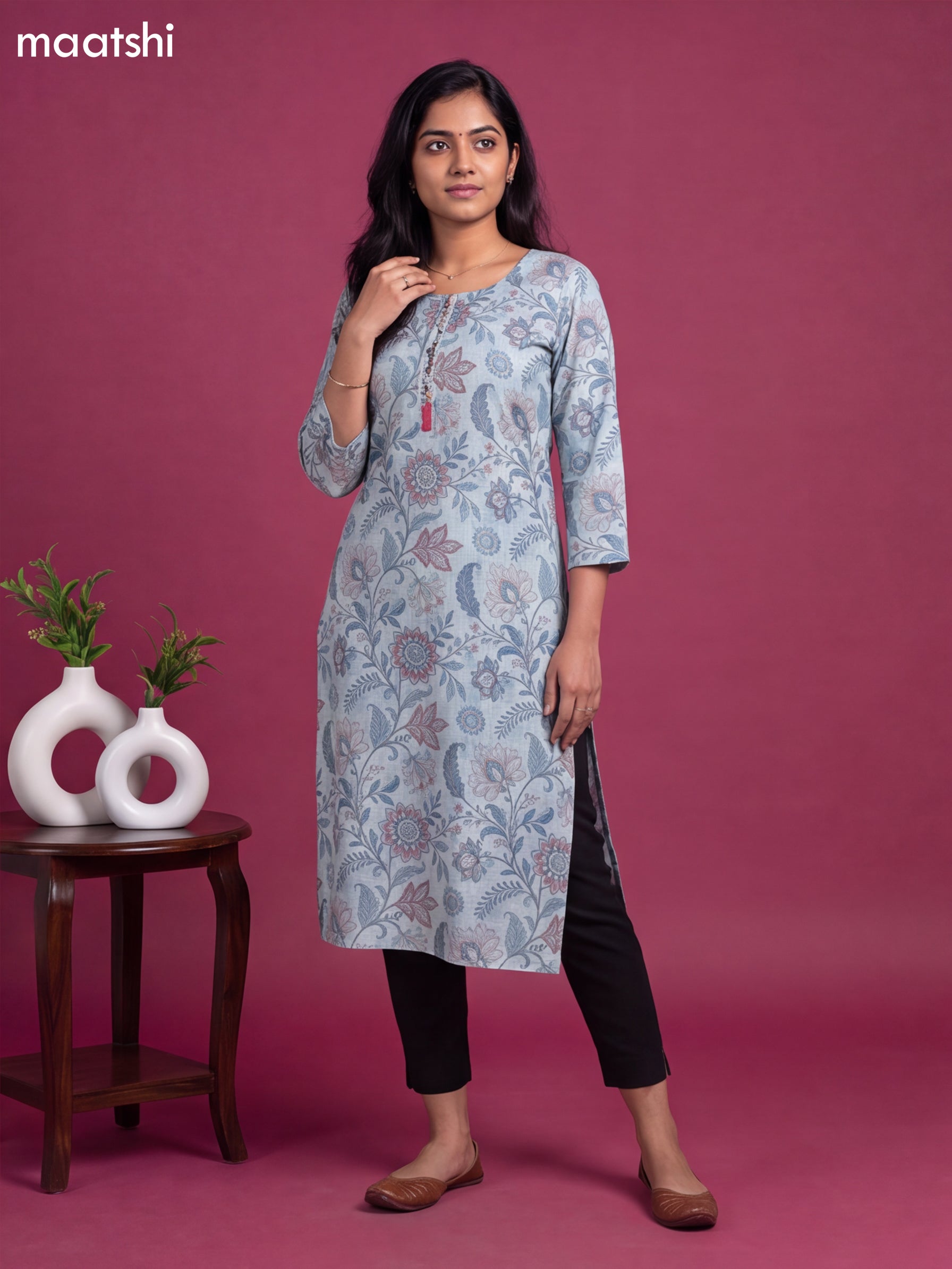 Light Blue Cotton Printed & Embroidery Work Straight Cut Kurti