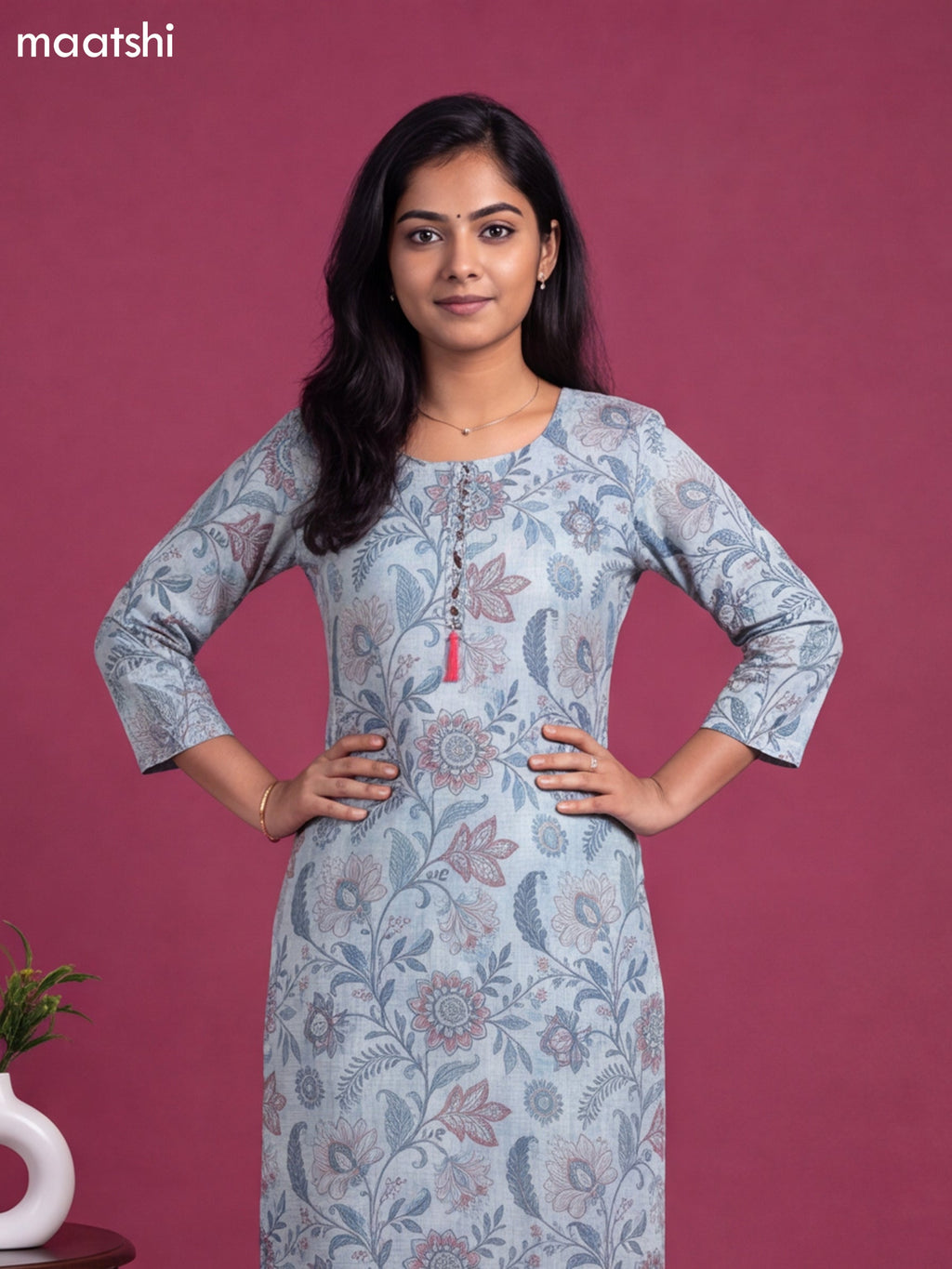 Light Blue Cotton Printed & Embroidery Work Straight Cut Kurti