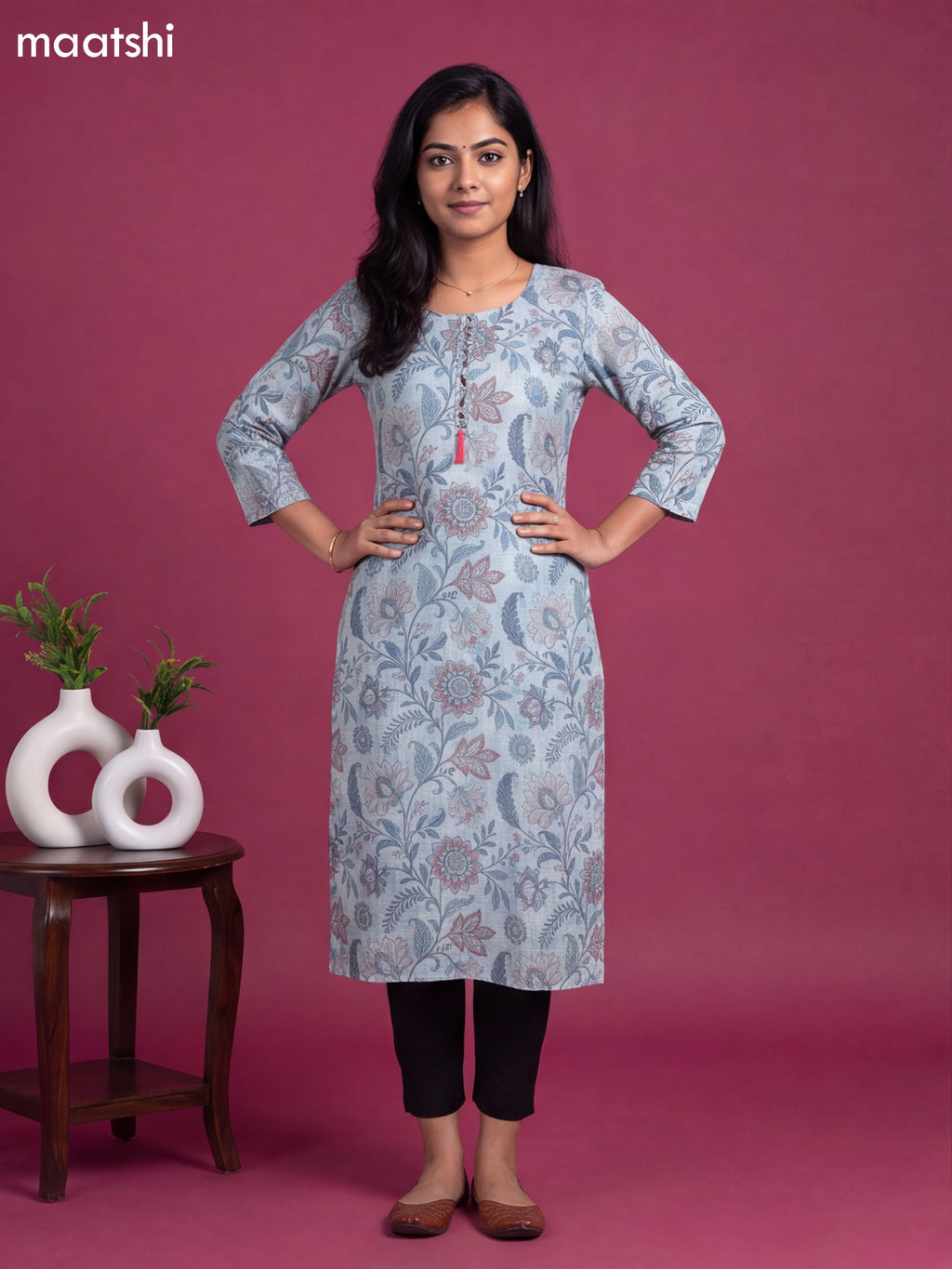 Light Blue Cotton Printed & Embroidery Work Straight Cut Kurti
