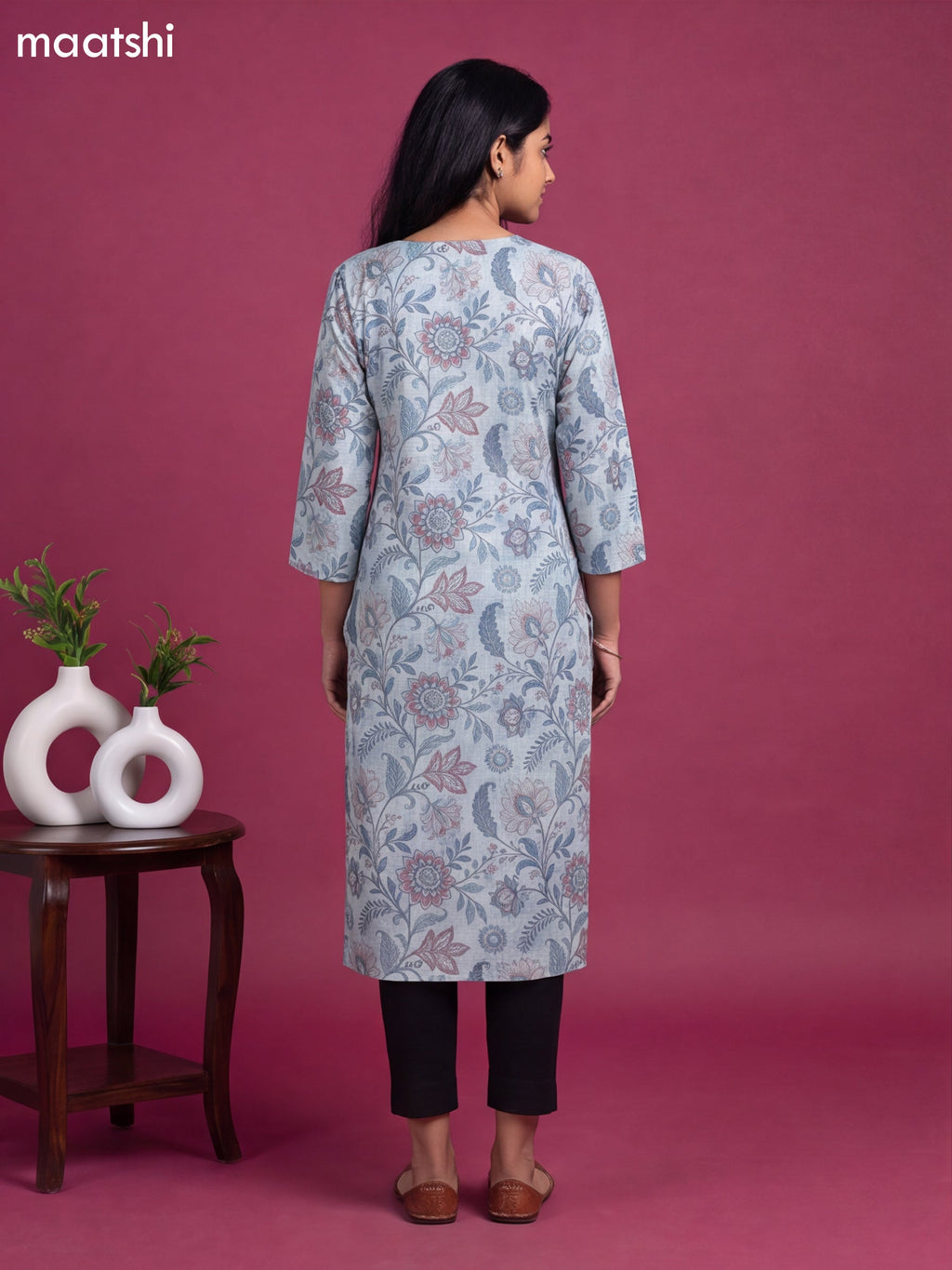 Light Blue Cotton Printed & Embroidery Work Straight Cut Kurti