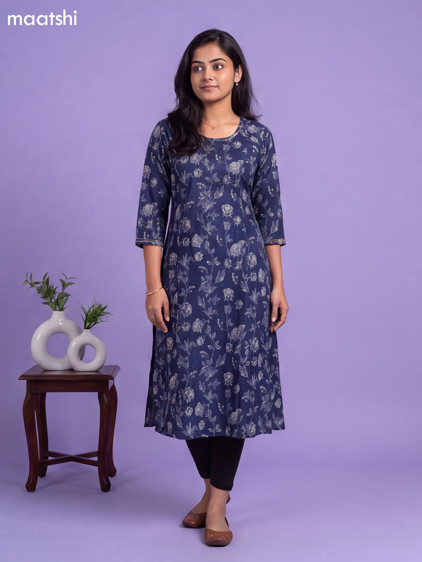 Navy Blue Modal Printed & Embroidery Work A-Line Kurti