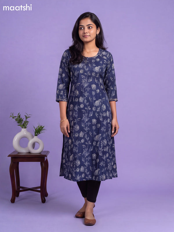Navy Blue Modal Printed & Embroidery Work A-Line Kurti