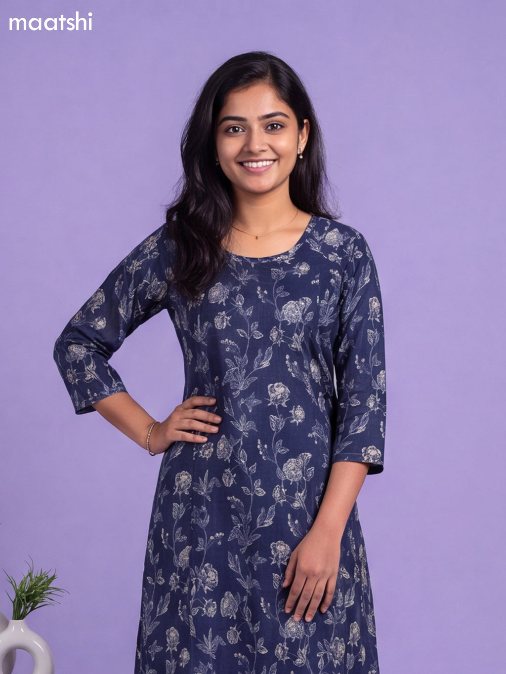 Navy Blue Modal Printed & Embroidery Work A-Line Kurti
