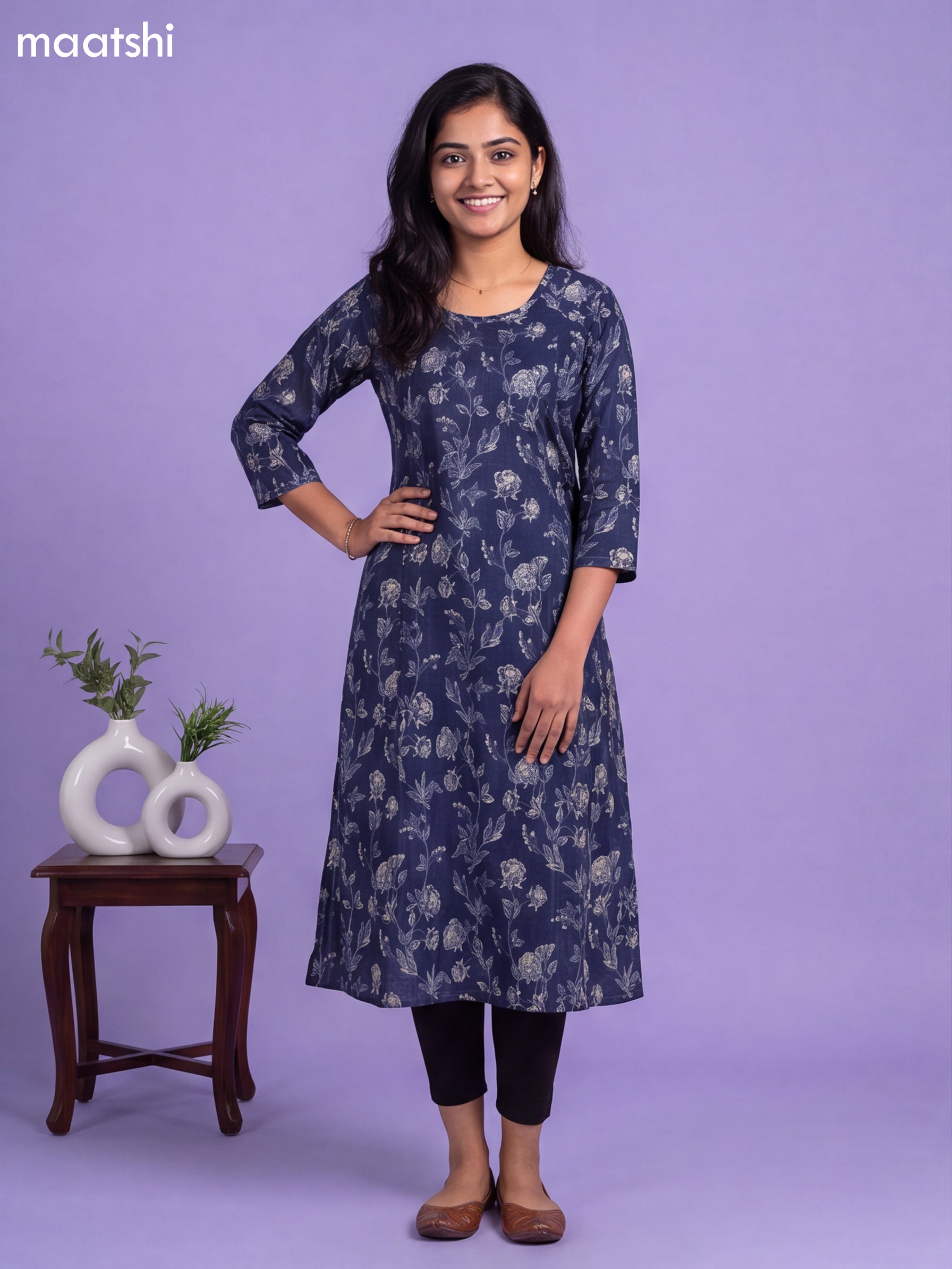 Navy Blue Modal Printed & Embroidery Work A-Line Kurti