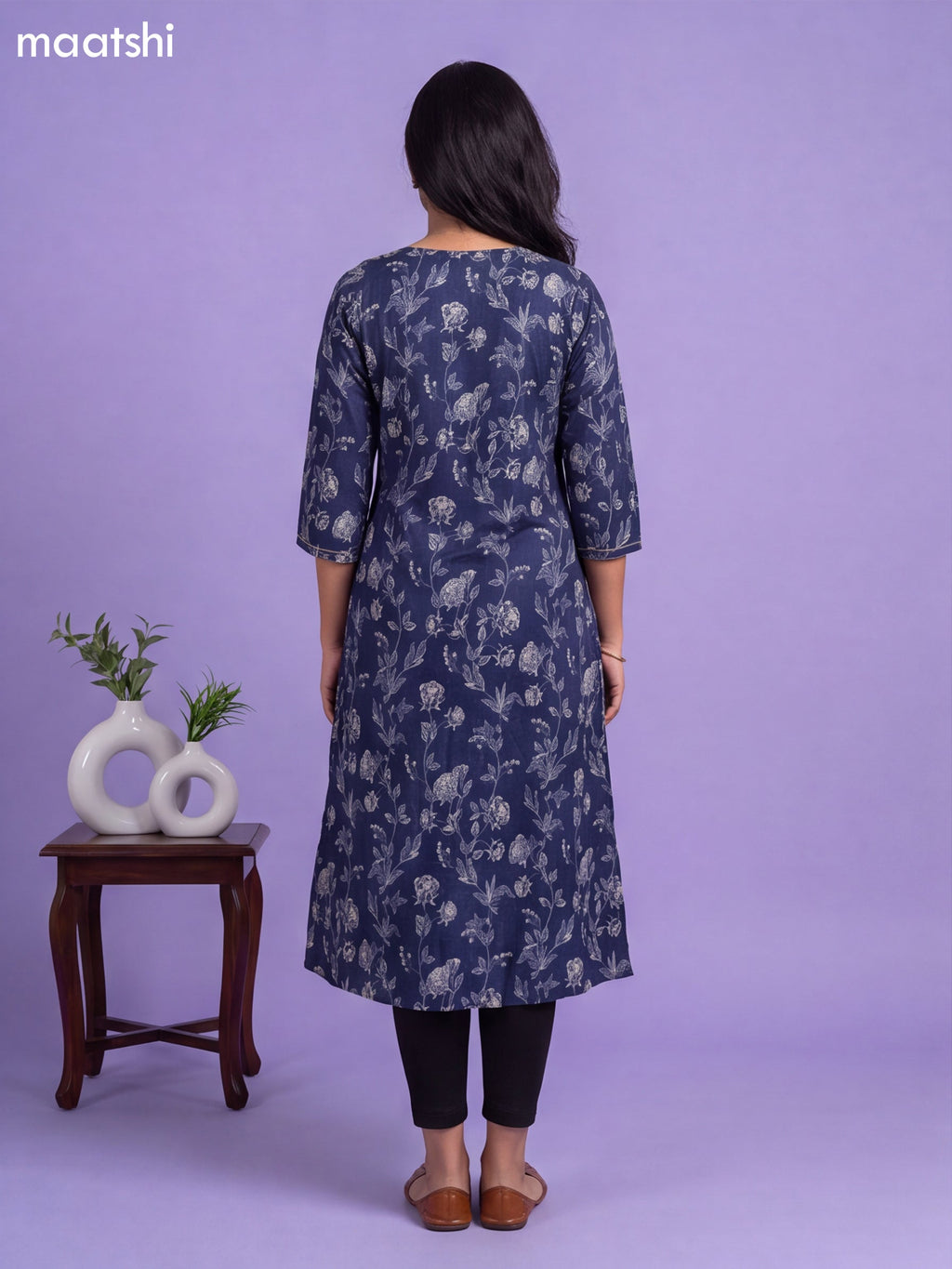 Navy Blue Modal Printed & Embroidery Work A-Line Kurti