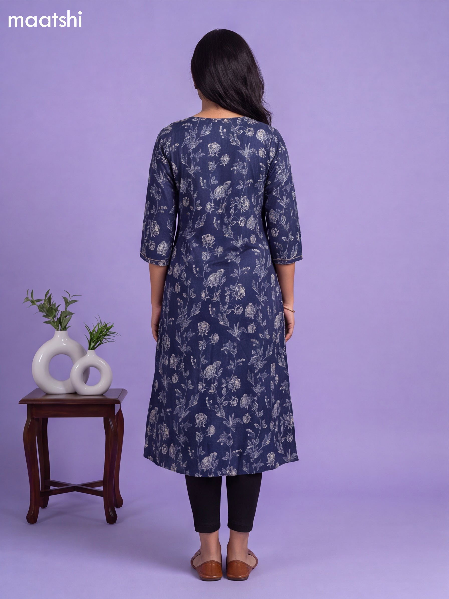 Navy Blue Modal Printed & Embroidery Work A-Line Kurti