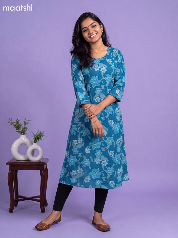 Blue Modal Printed & Embroidery Work A-Line Kurti