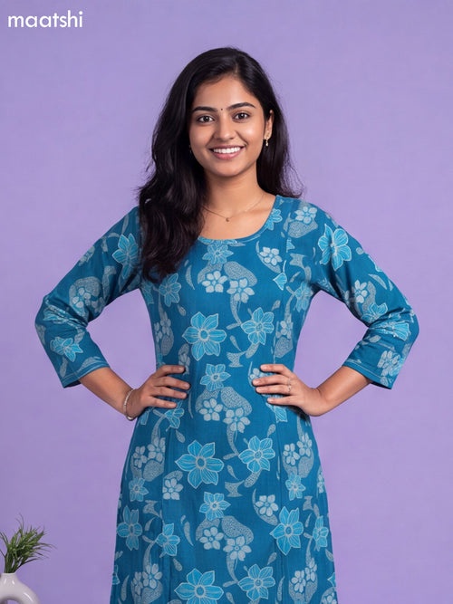 Blue Modal Printed & Embroidery Work A-Line Kurti