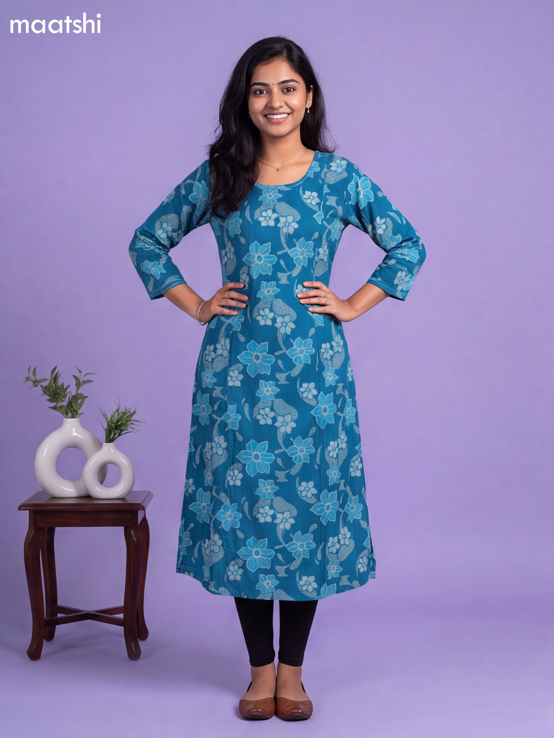 Blue Modal Printed & Embroidery Work A-Line Kurti