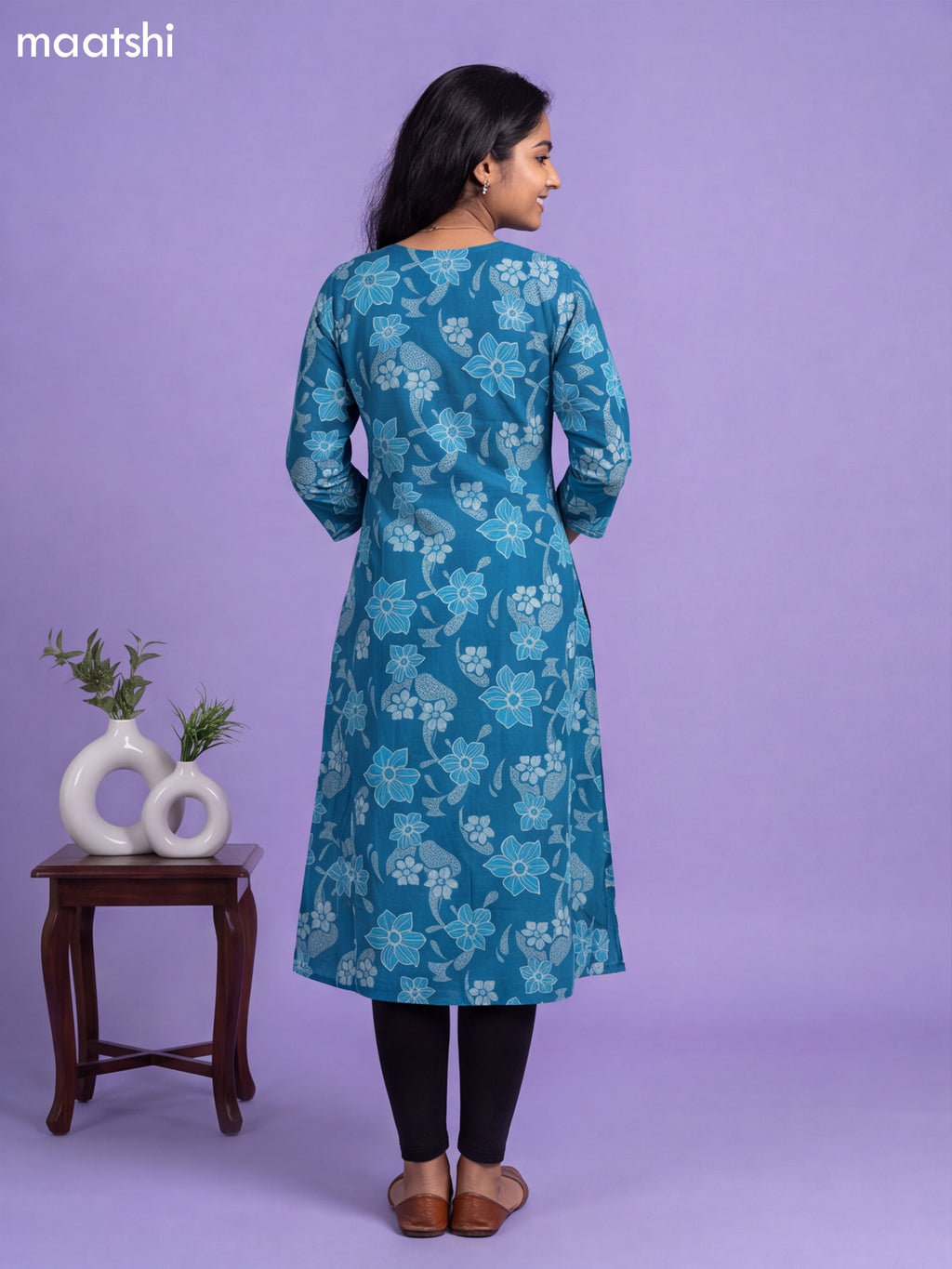 Blue Modal Printed & Embroidery Work A-Line Kurti
