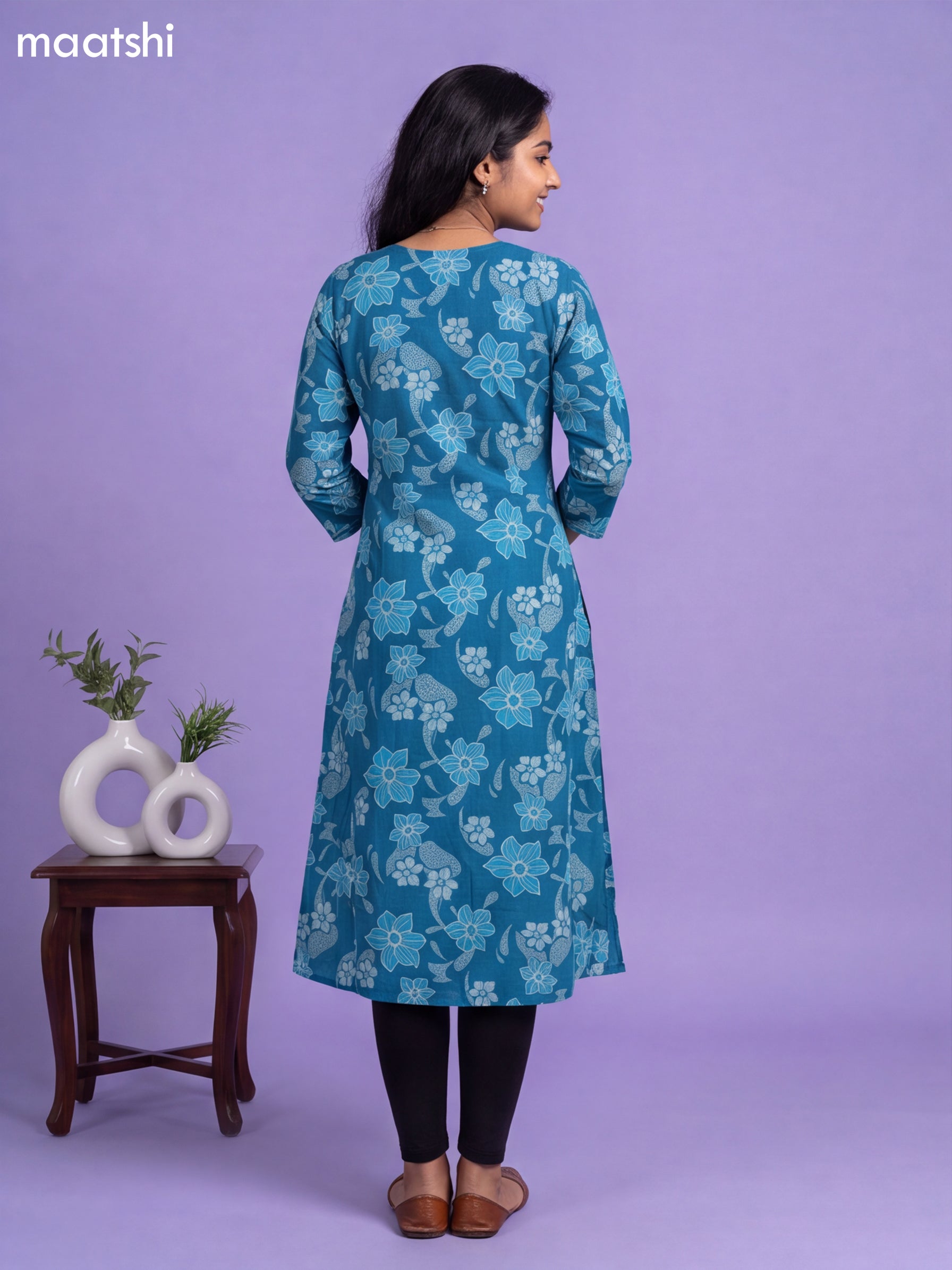 Blue Modal Printed & Embroidery Work A-Line Kurti