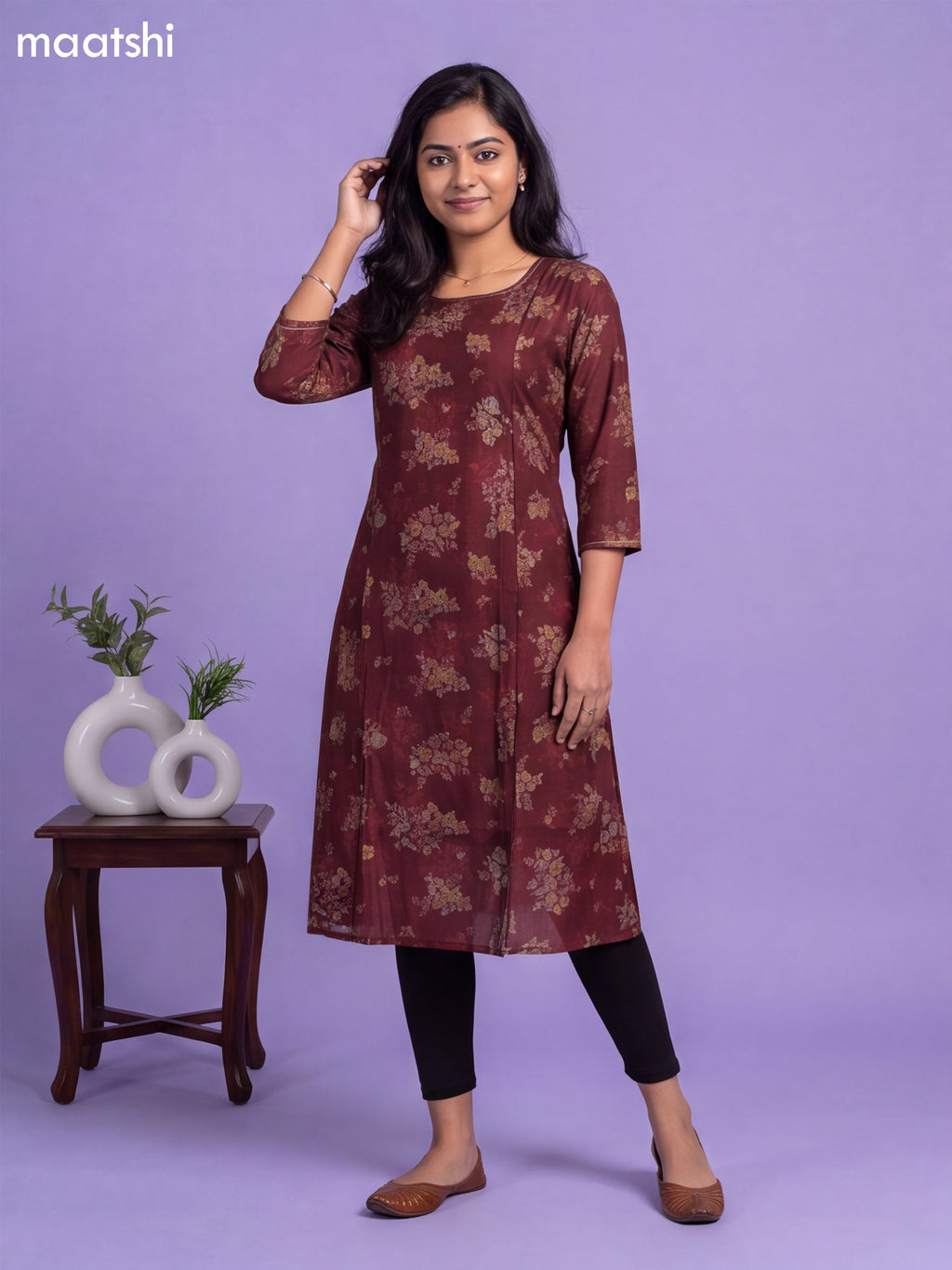 Maroon Art Silk Printed & Embroidery Work A-Line Kurti