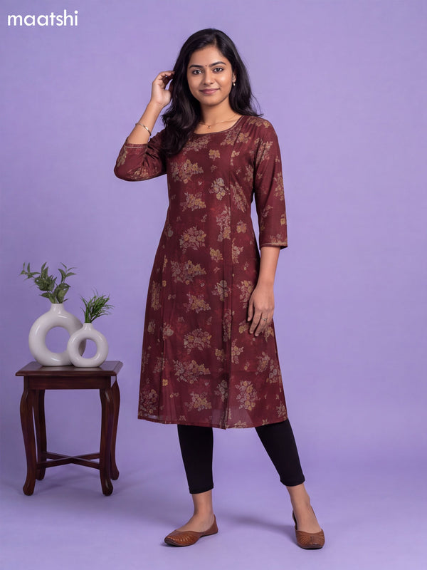 Maroon Art Silk Printed & Embroidery Work A-Line Kurti