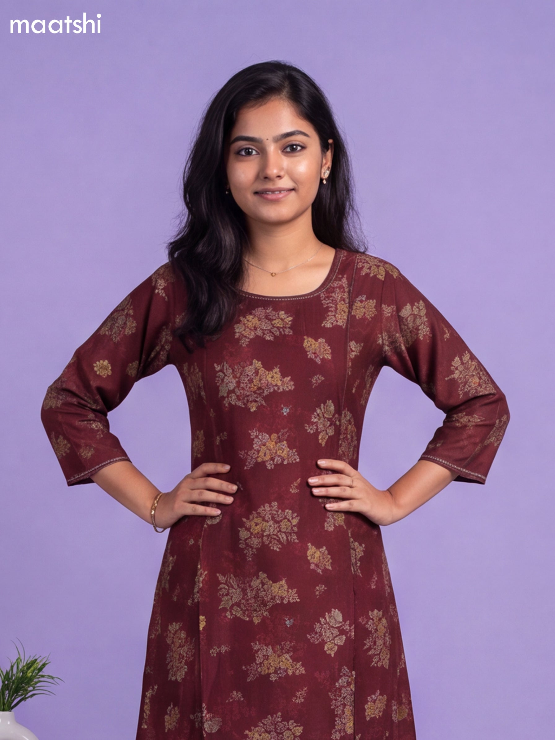 Maroon Art Silk Printed & Embroidery Work A-Line Kurti