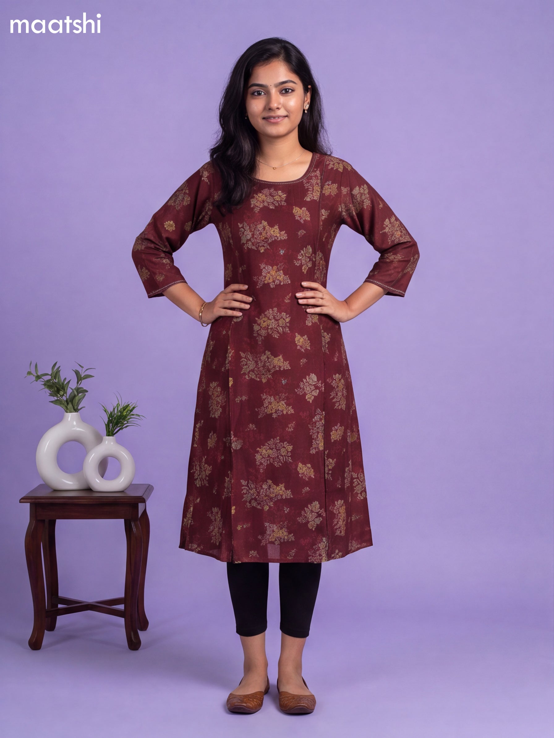 Maroon Art Silk Printed & Embroidery Work A-Line Kurti