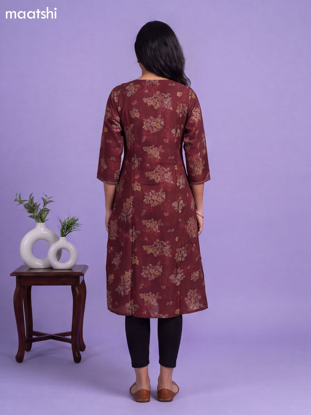 Maroon Art Silk Printed & Embroidery Work A-Line Kurti