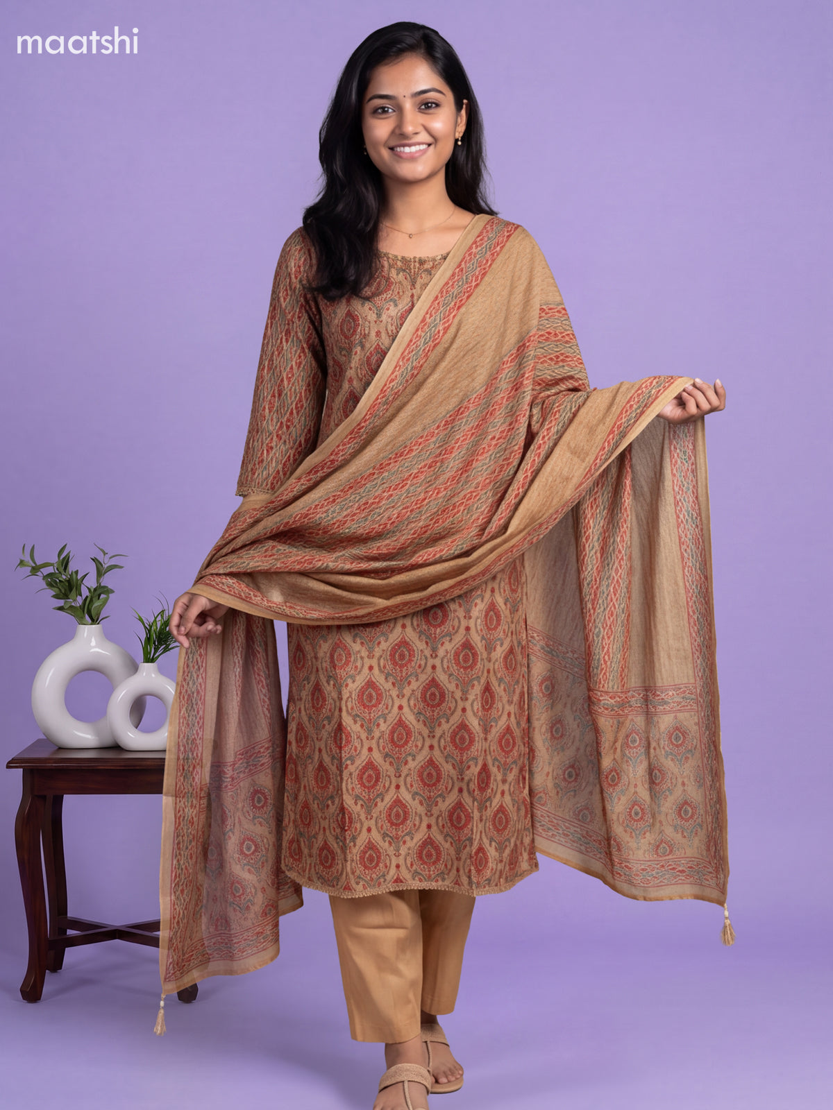 Beige Muslin Printed & Embroidery Work A-Line Suit