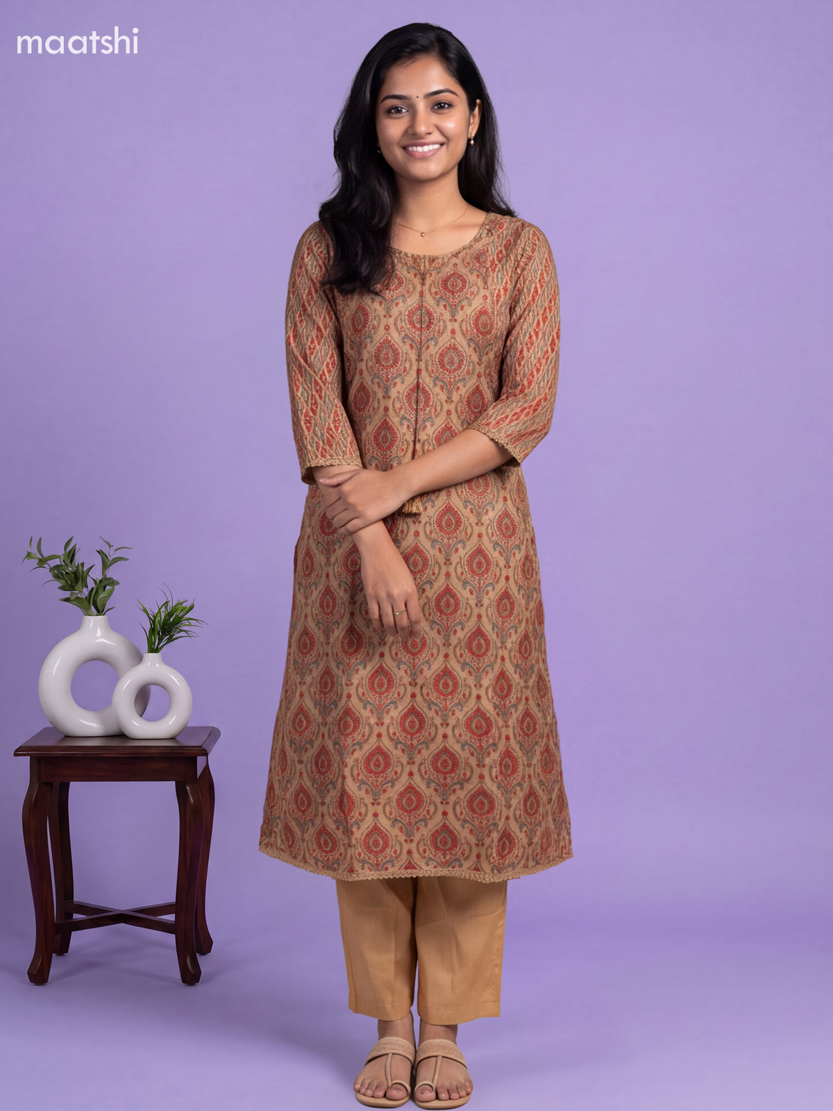 Beige Muslin Printed & Embroidery Work A-Line Suit