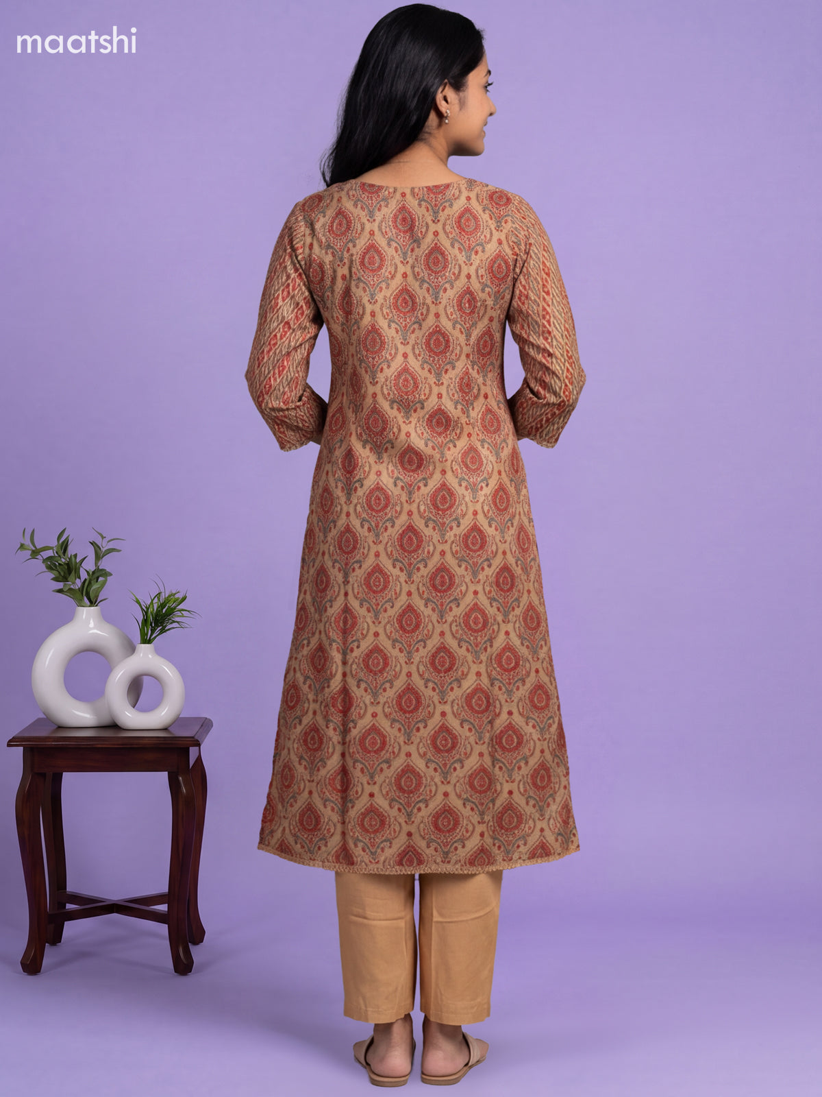 Beige Muslin Printed & Embroidery Work A-Line Suit
