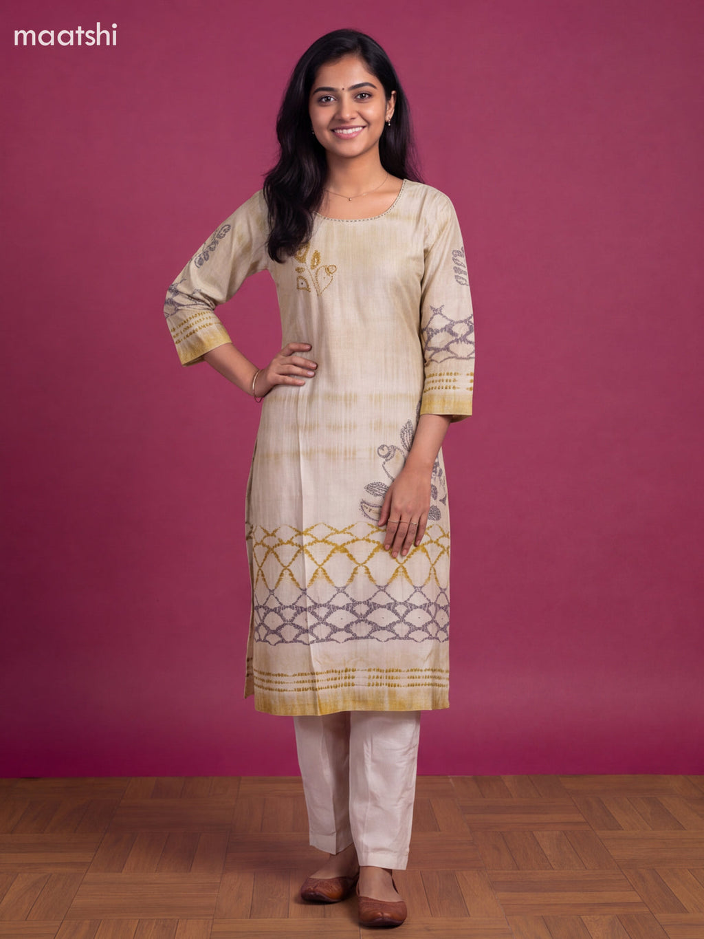 Off White Art Tussar Embroidery Work Straight Suit