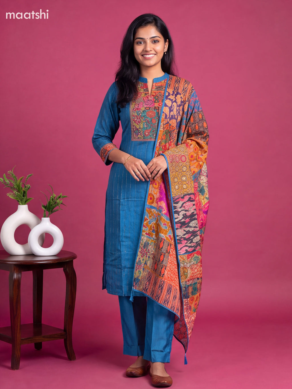 Blue Art Tussar Printed & Embroidery Work Straight Suit