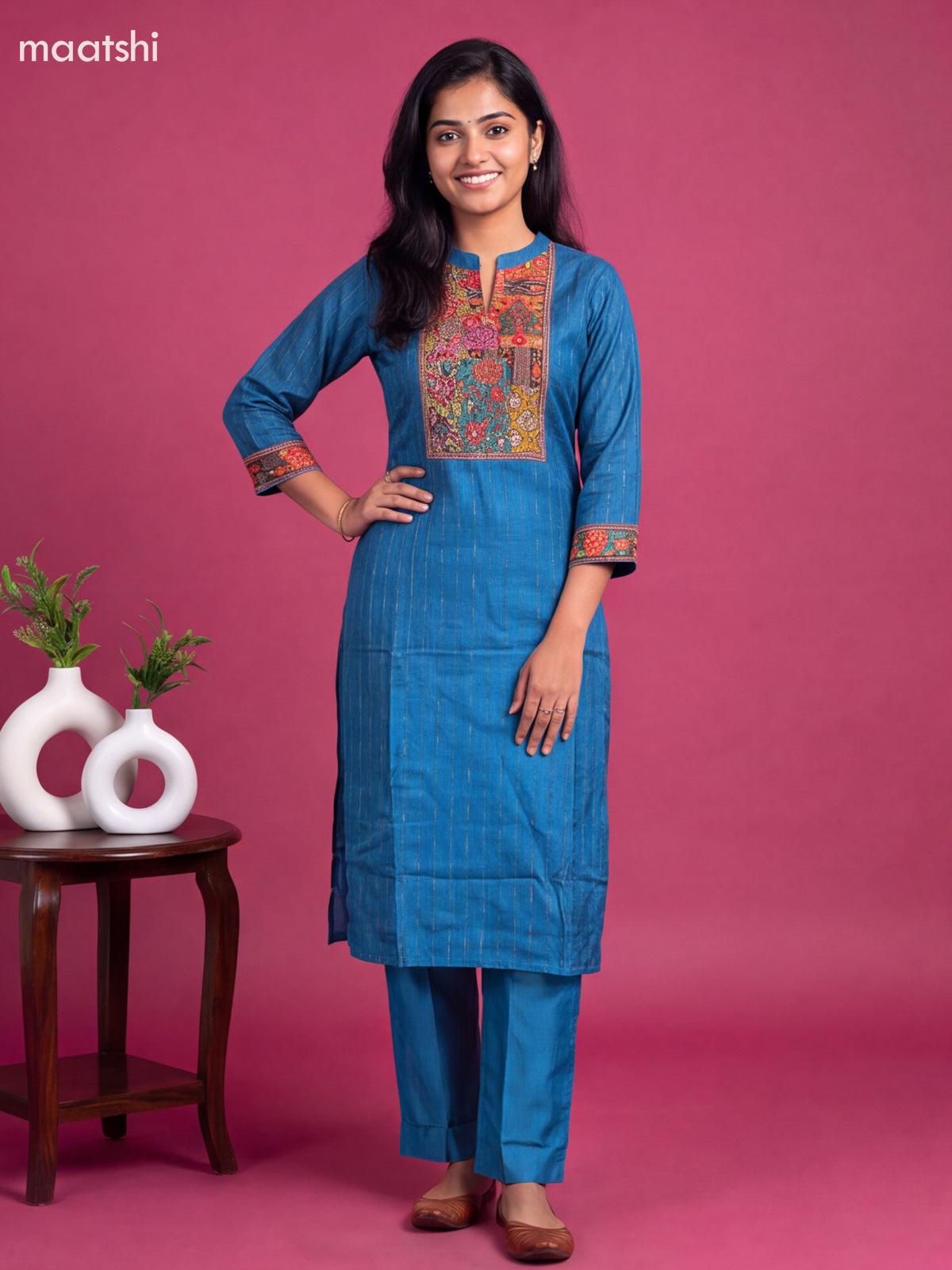 Blue Art Tussar Printed & Embroidery Work Straight Suit