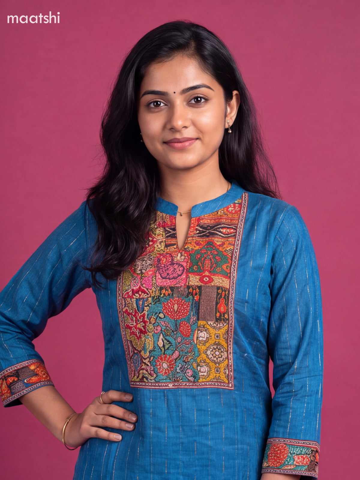 Blue Art Tussar Printed & Embroidery Work Straight Suit