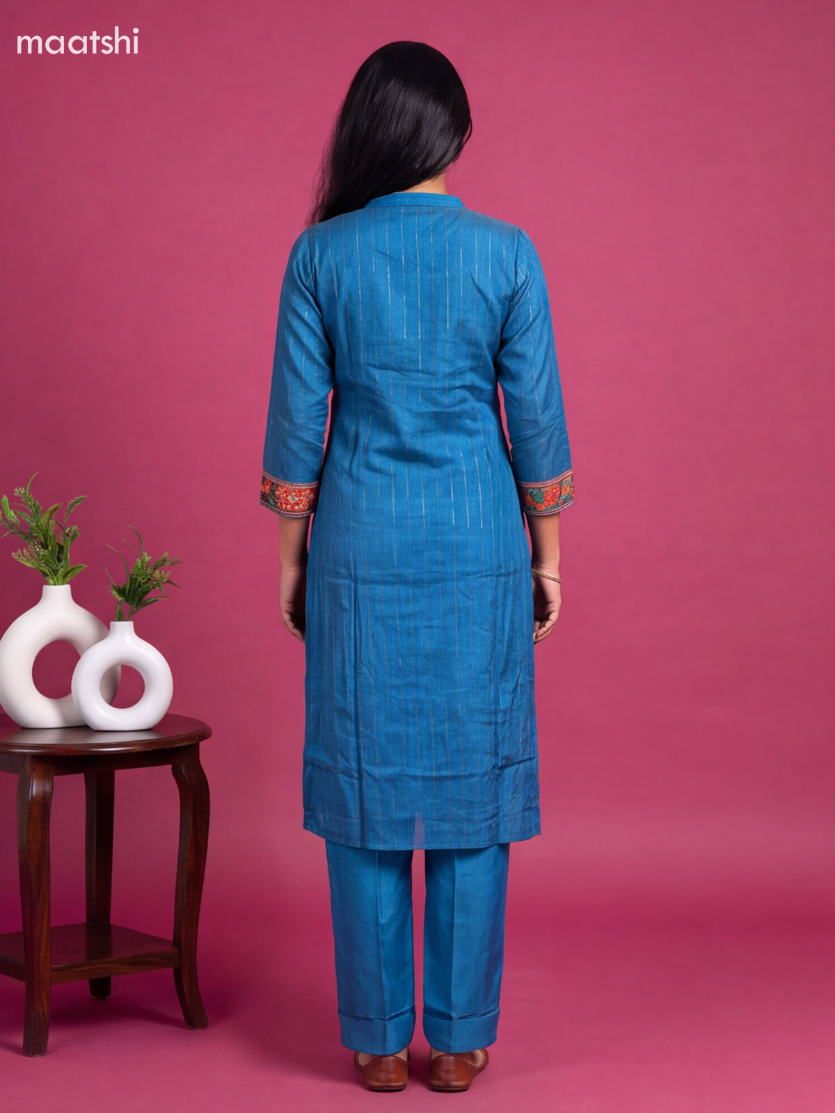 Blue Art Tussar Printed & Embroidery Work Straight Suit