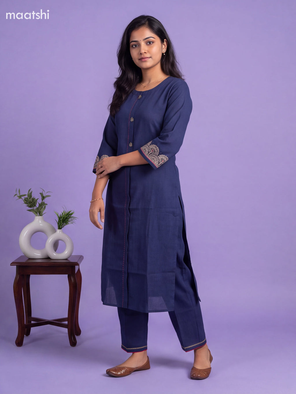 Navy Blue Art Tussar Embroidery Work Kurti Set