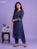 Navy Blue Art Tussar Embroidery Work Kurti Set