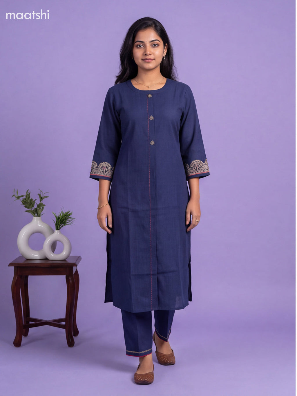 Navy Blue Art Tussar Embroidery Work Kurti Set