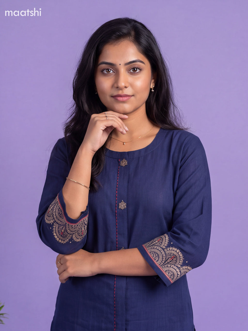 Navy Blue Art Tussar Embroidery Work Kurti Set