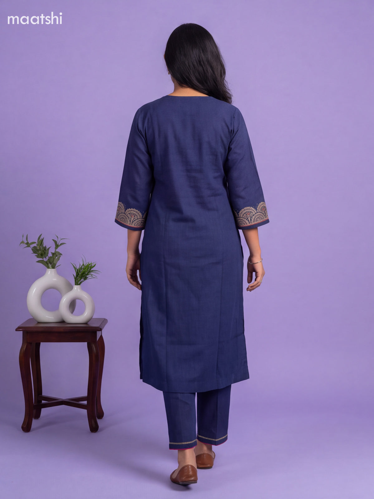 Navy Blue Art Tussar Embroidery Work Kurti Set