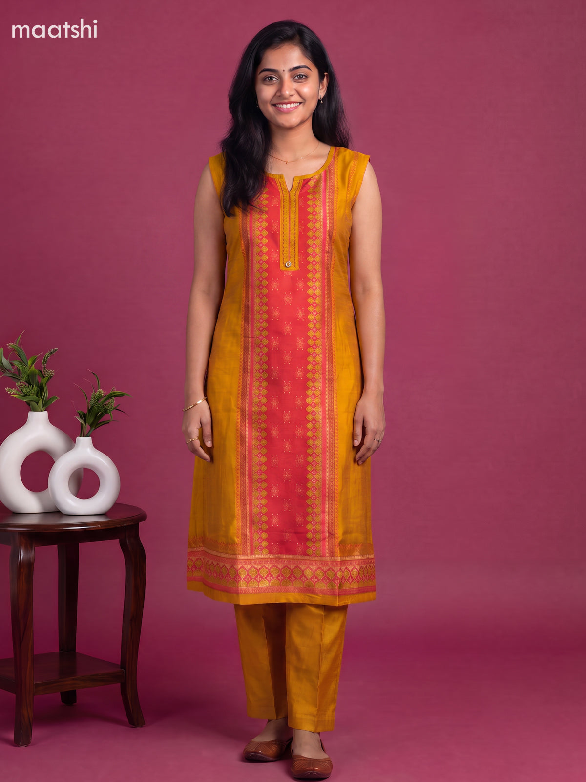 Yellow Art Tussar Printed With Embroidery Work Kurti Set & Sleeve Attached