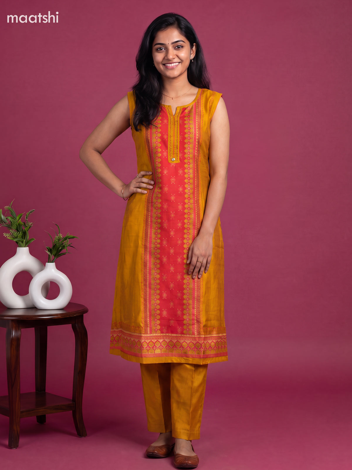 Yellow Art Tussar Printed With Embroidery Work Kurti Set & Sleeve Attached