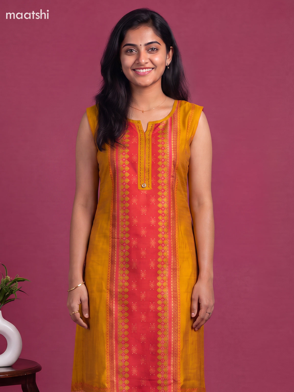 Yellow Art Tussar Printed With Embroidery Work Kurti Set & Sleeve Attached
