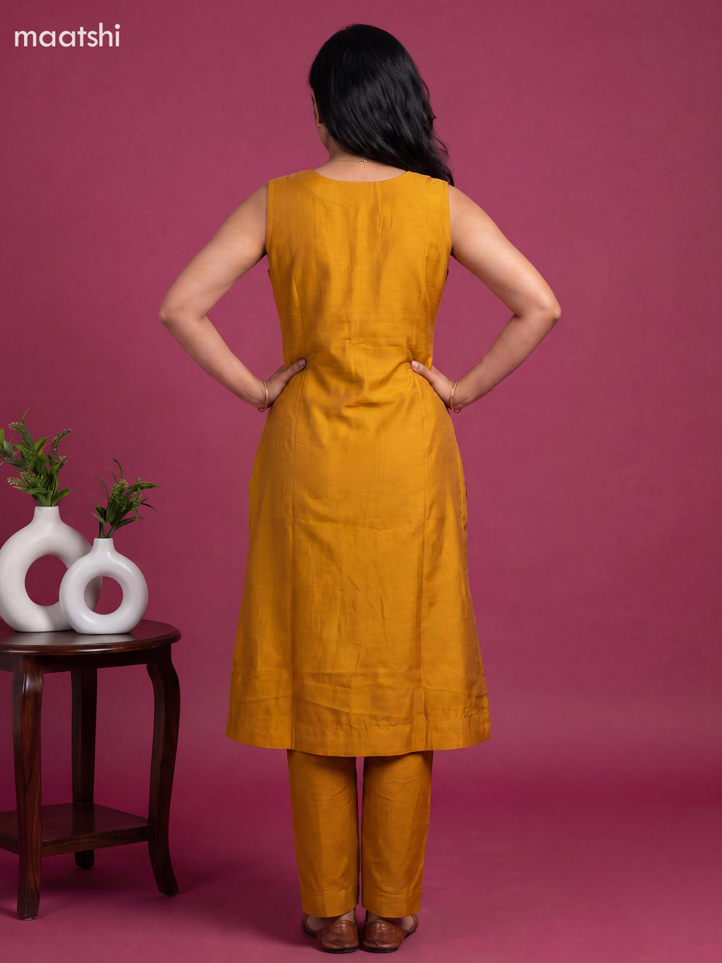 Yellow Art Tussar Printed With Embroidery Work Kurti Set & Sleeve Attached