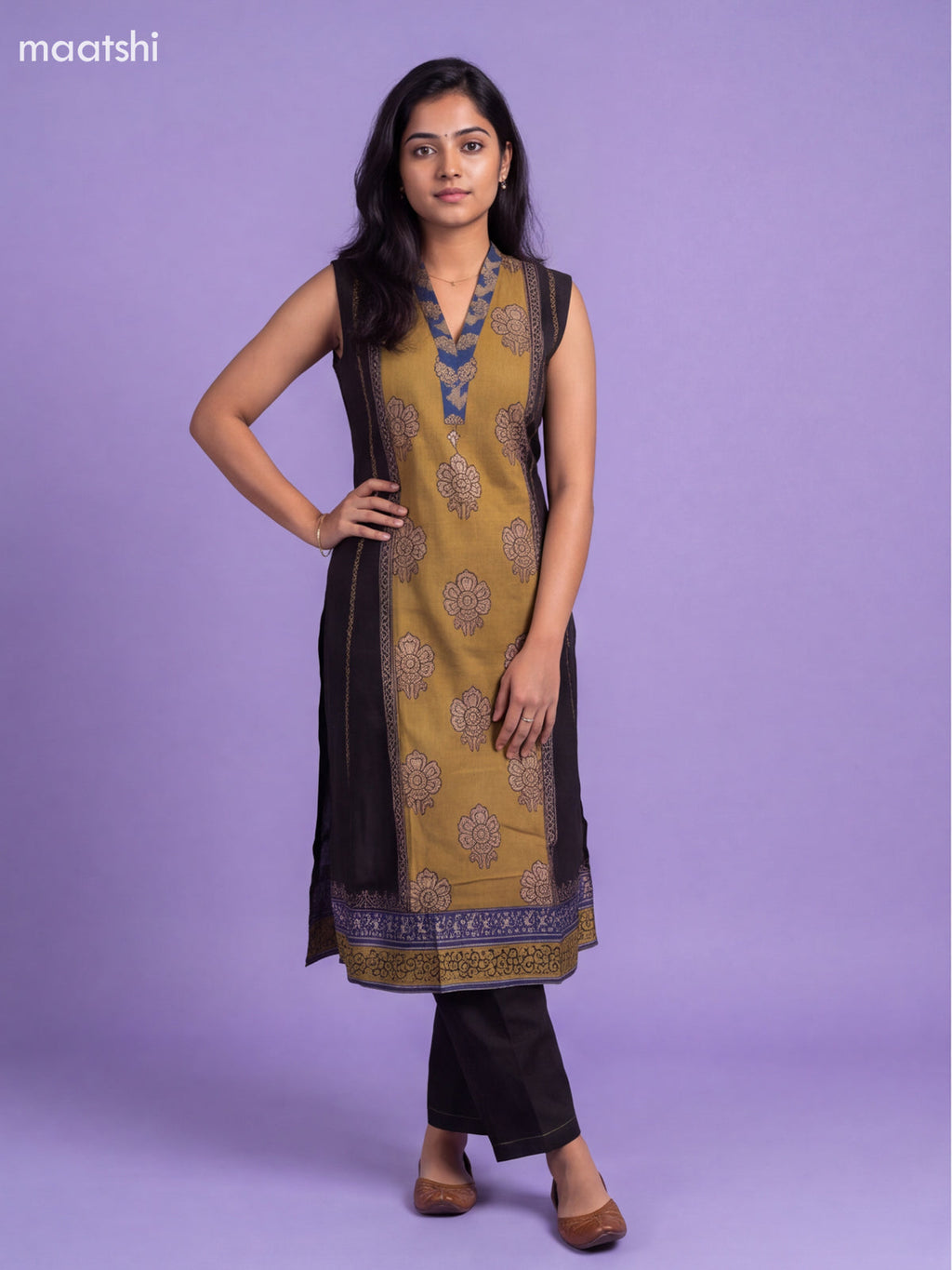 Mustard Green and Black Art Tussar Embroidery Work Kurti Set & Sleeve Attached