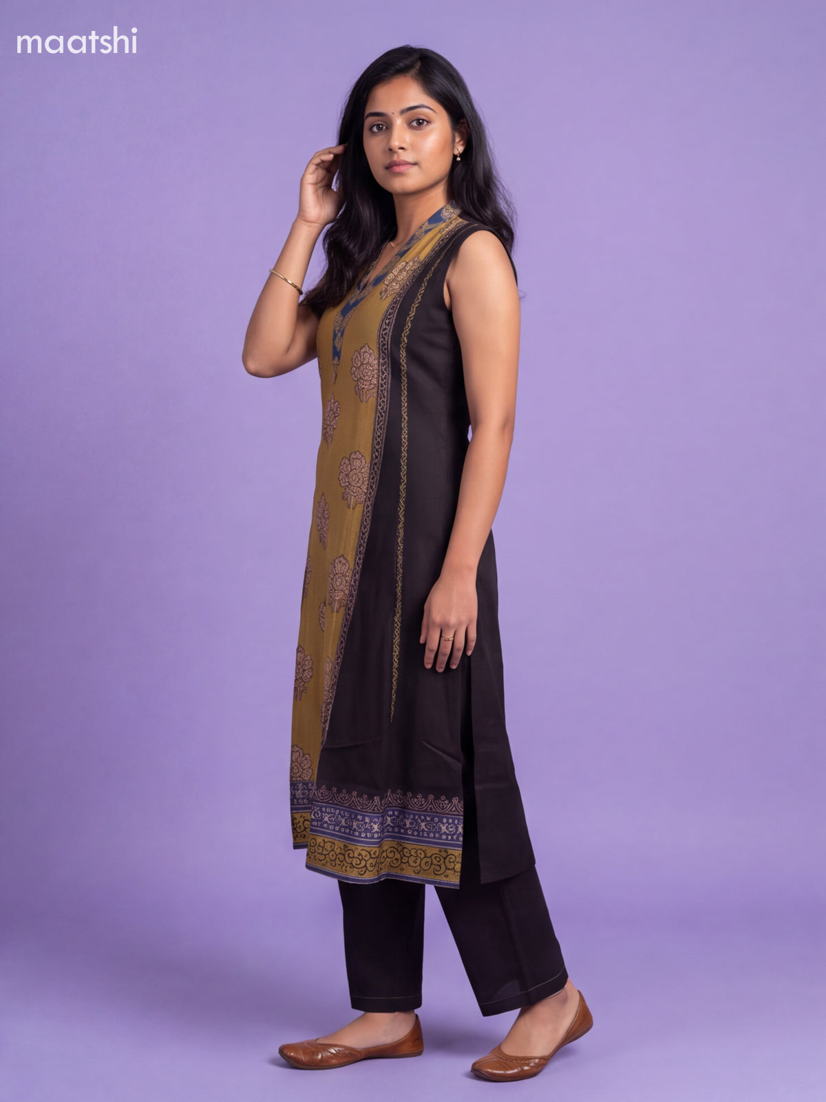 Mustard Green and Black Art Tussar Embroidery Work Kurti Set & Sleeve Attached