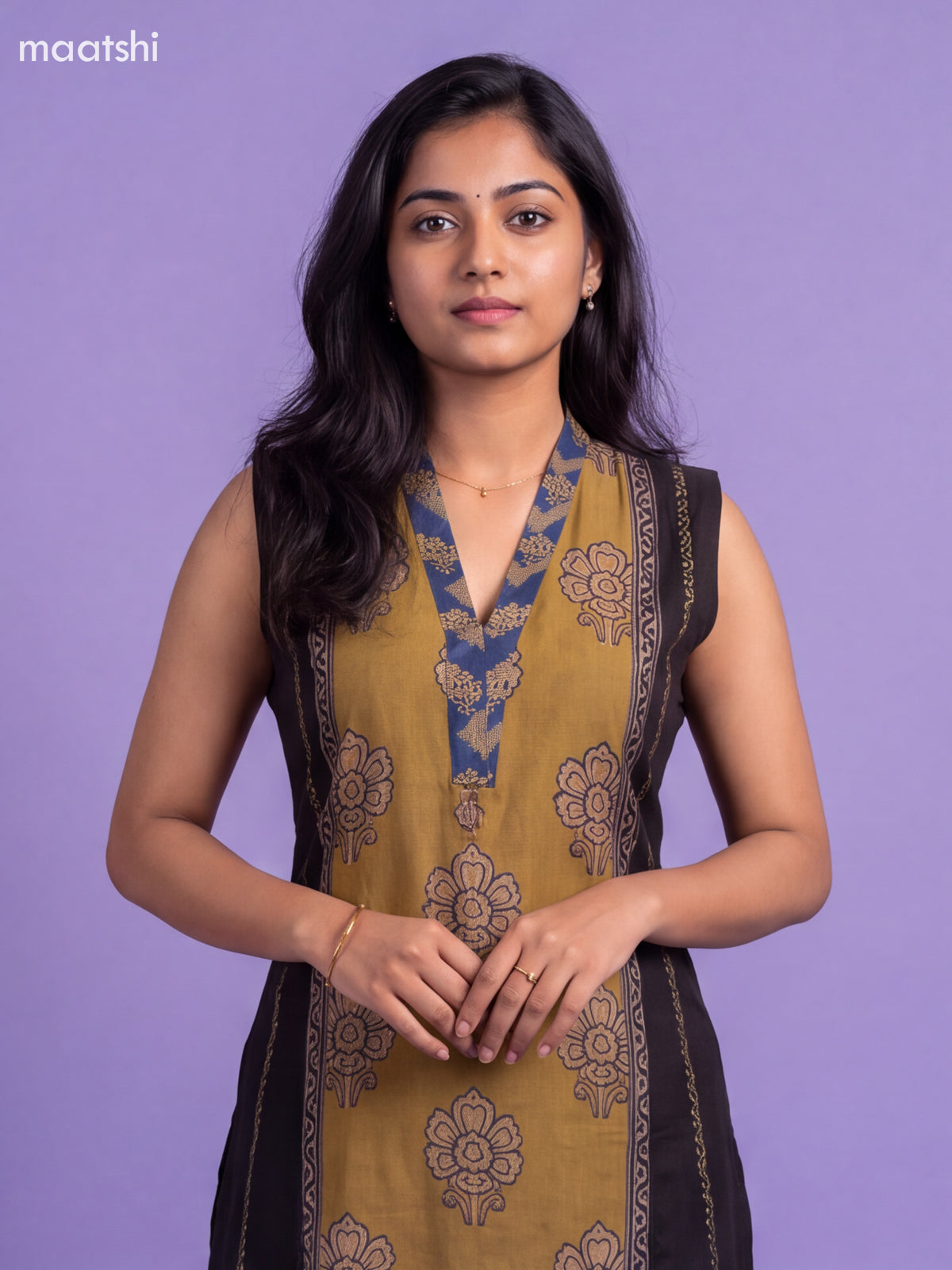 Mustard Green and Black Art Tussar Embroidery Work Kurti Set & Sleeve Attached