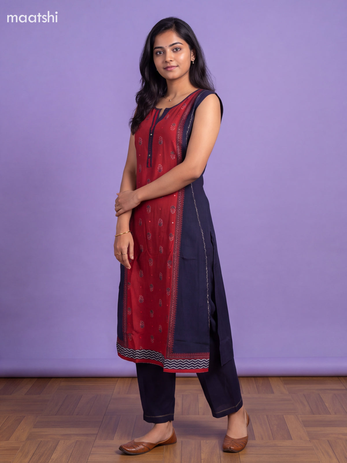Maroon and Black Art Tussar Printed Kurti Set & Sleeve Attached