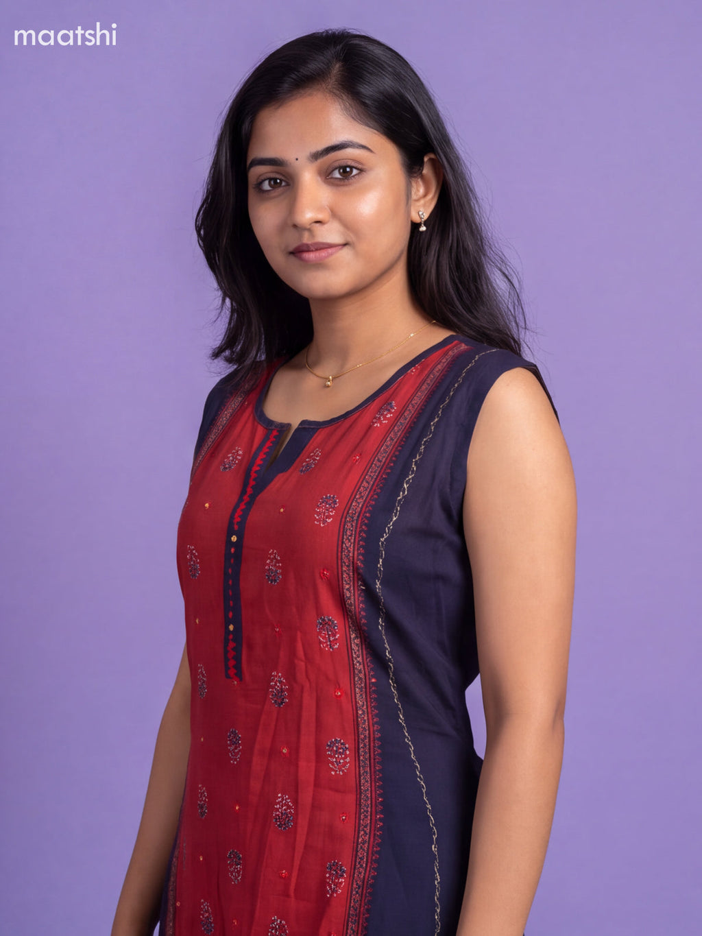 Maroon and Black Art Tussar Printed Kurti Set & Sleeve Attached