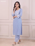 Pastel Blue and Off White Viscose Rayon Embroidery Work Long Kurti Set