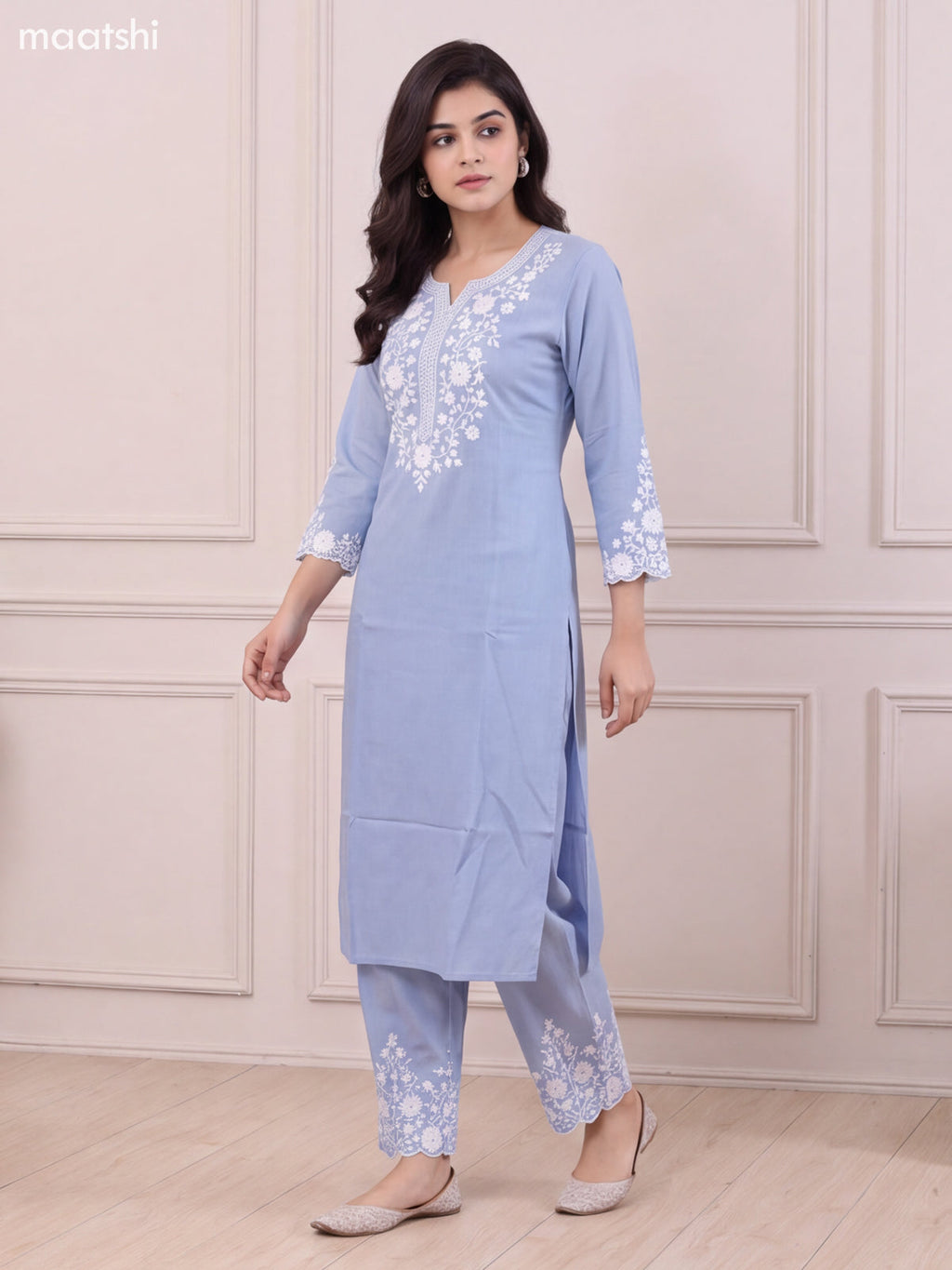 Pastel Blue and Off White Viscose Rayon Embroidery Work Long Kurti Set