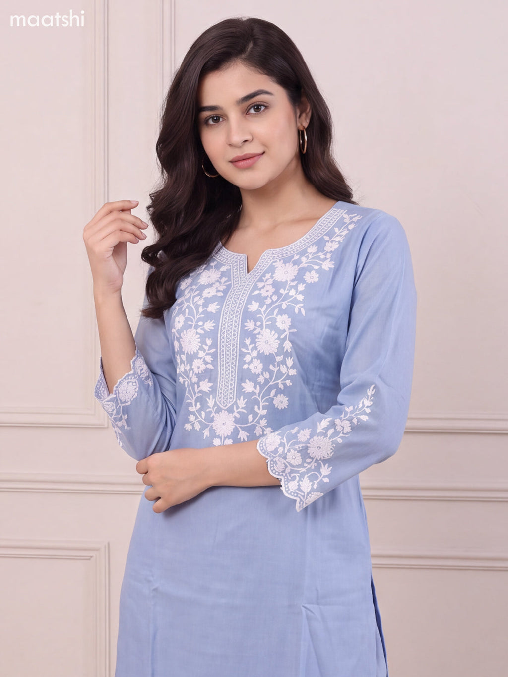 Pastel Blue and Off White Viscose Rayon Embroidery Work Long Kurti Set
