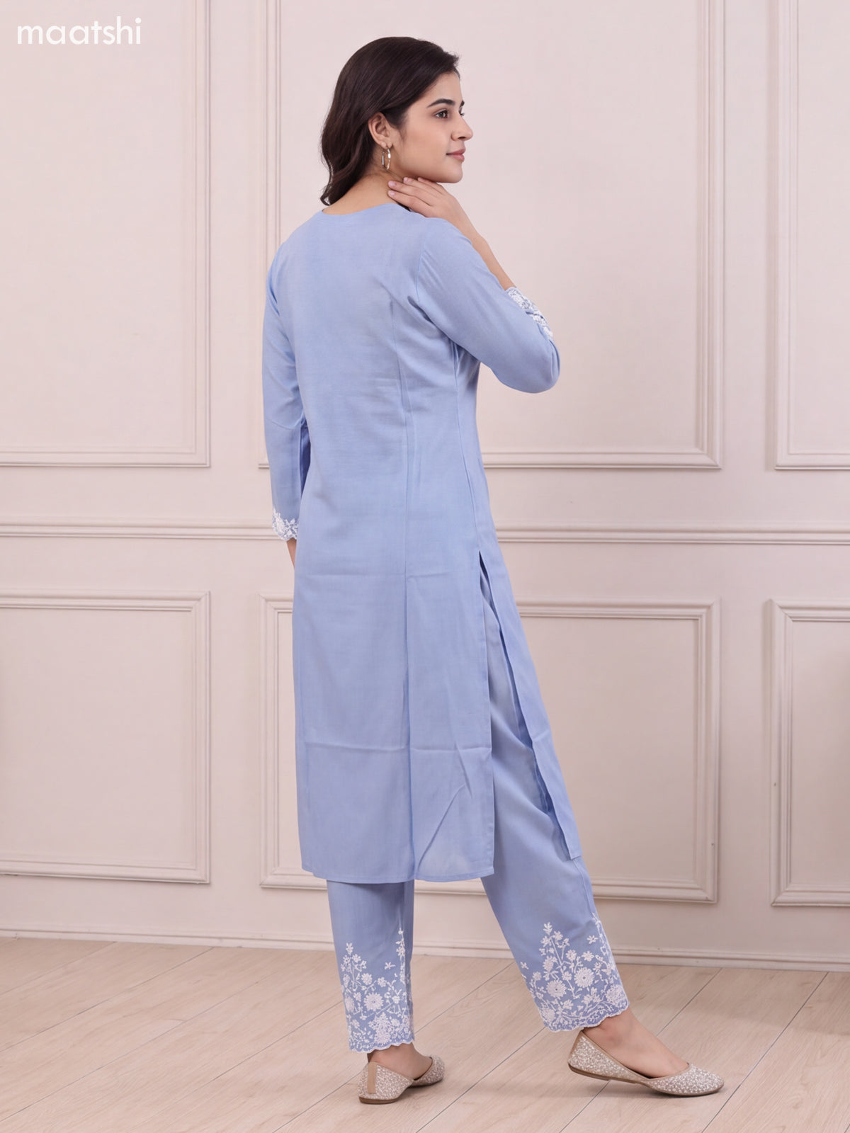Pastel Blue and Off White Viscose Rayon Embroidery Work Long Kurti Set
