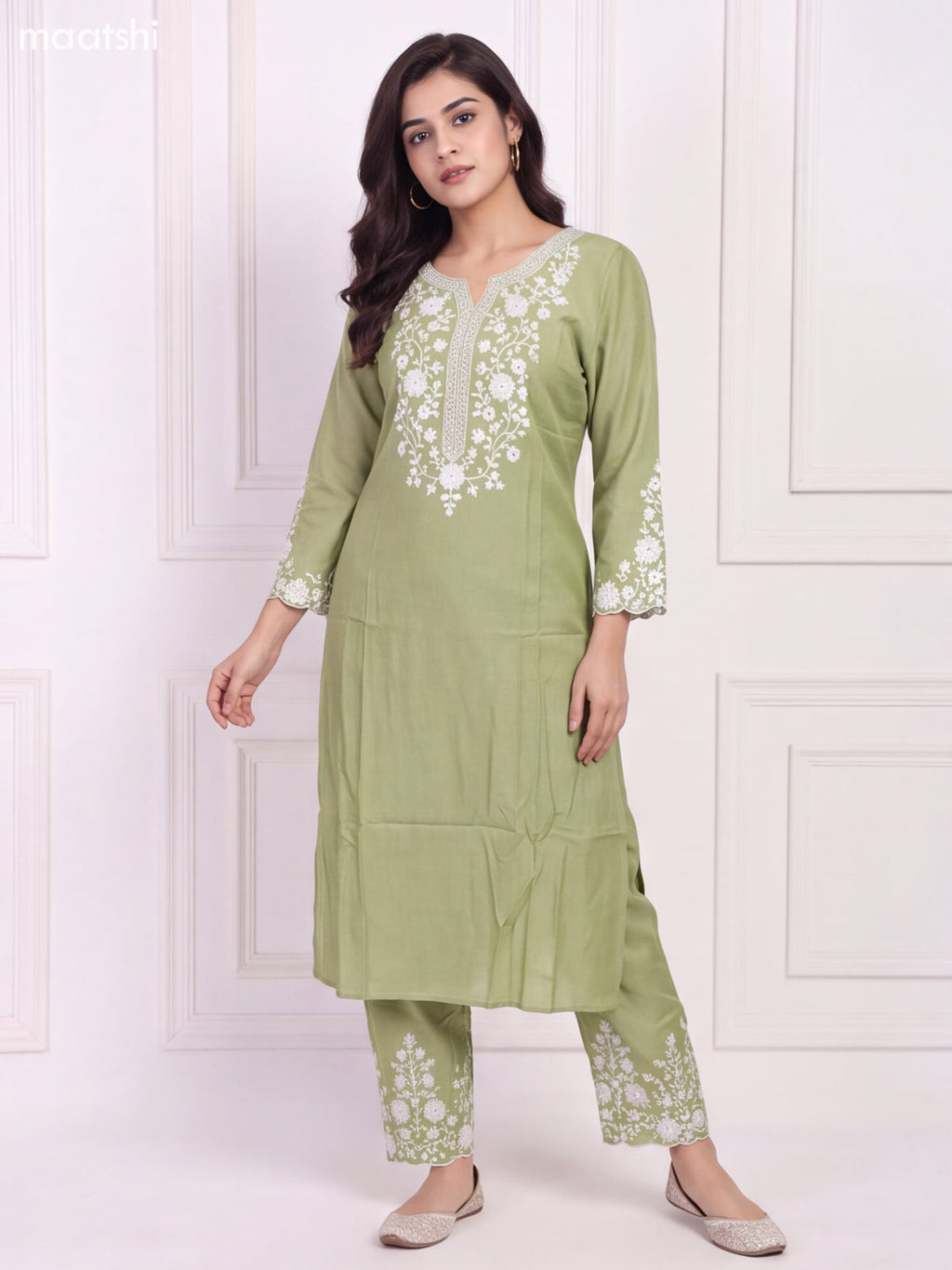 Pastel Green and Off White Viscose Rayon Embroidery Work Long Kurti Set