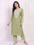 Pastel Green and Off White Viscose Rayon Embroidery Work Long Kurti Set