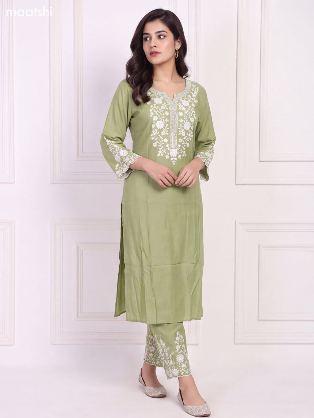 Pastel Green and Off White Viscose Rayon Embroidery Work Long Kurti Set